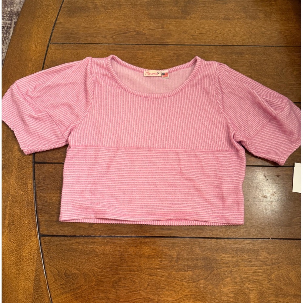 Anthropologie Brand Pink Ribbed Cropped Top Dolman Puff Sleeve Rib Knit Large
